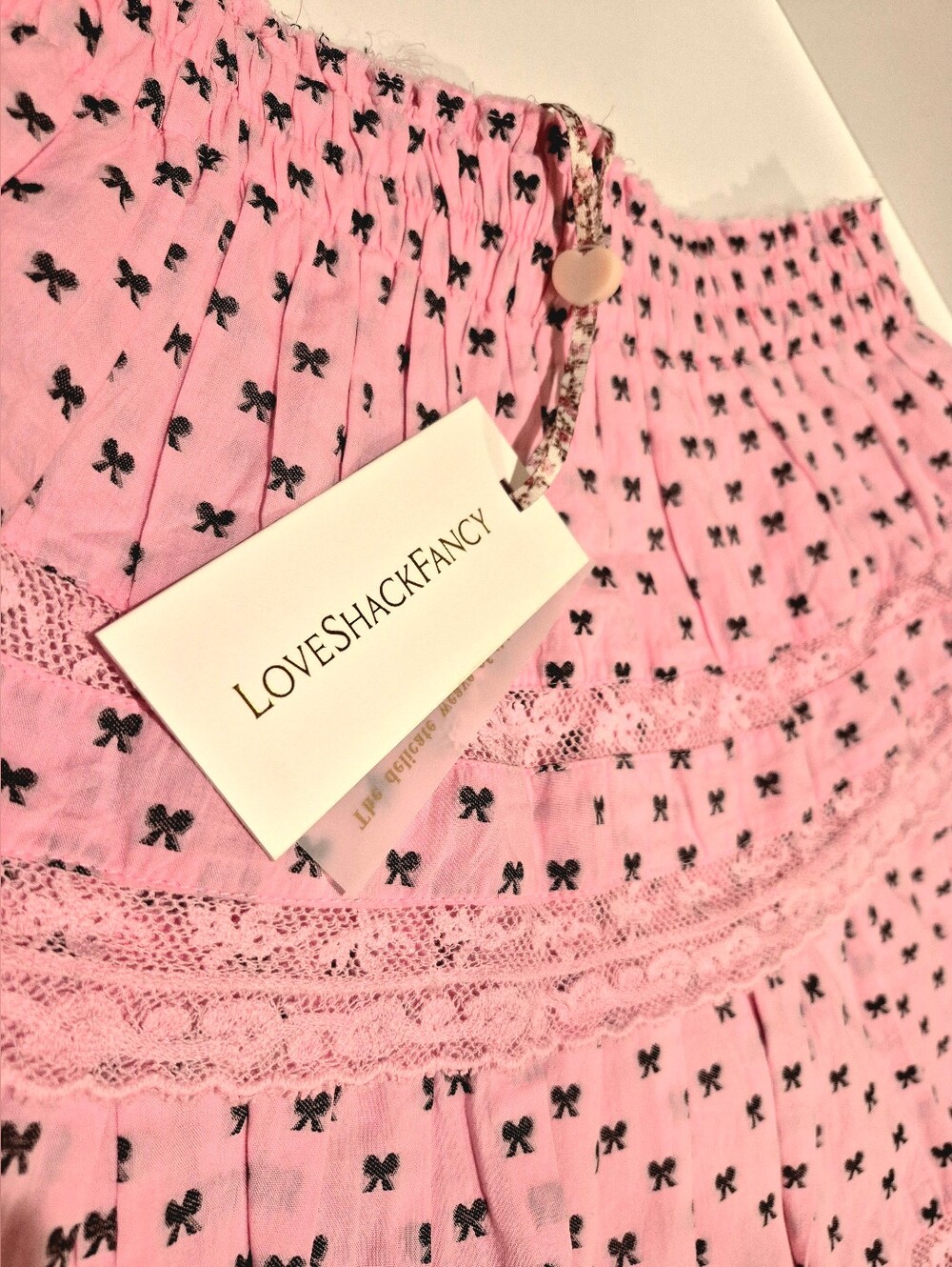 NEW LoveShackFancy Ruffled High Waist Pink with Black Bow-Print Mini Skirt